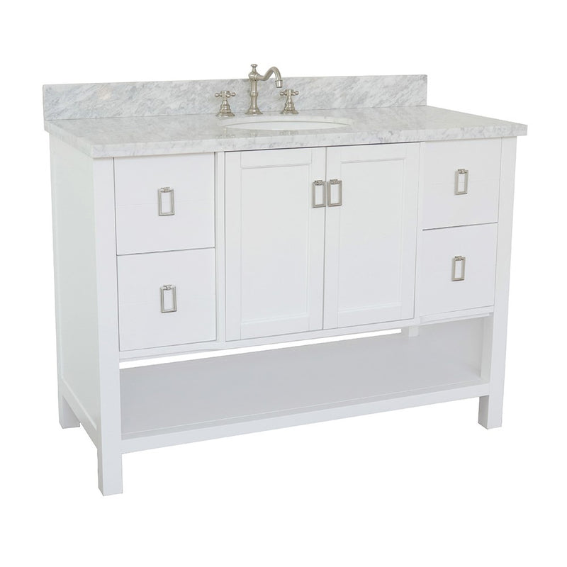 Bellaterra Home 400300-WH-WMO Monterey 49" vanity, White, White Carrara marble top, angled view on a white background