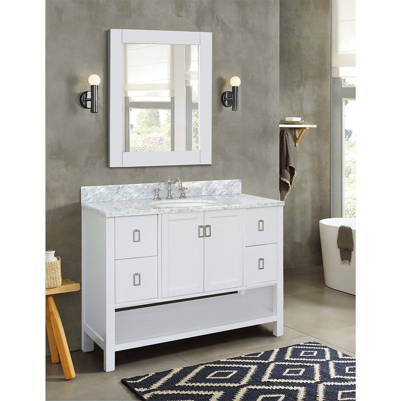 Bellaterra Home 400300-WH-WMO Monterey 49" vanity, White, White Carrara marble top, installed in a bathroom