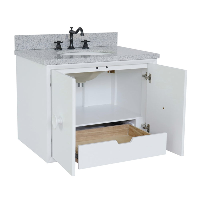 Bellaterra Home 400400-CAB-WH-GYO Stora 31" vanity, White, gray granite top, angled view with doors open showing the shelf