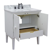 Bellaterra Home 400400-WH-WMR Stora 31" vanity, White, White Carrara marble top, angled view with doors open showing the