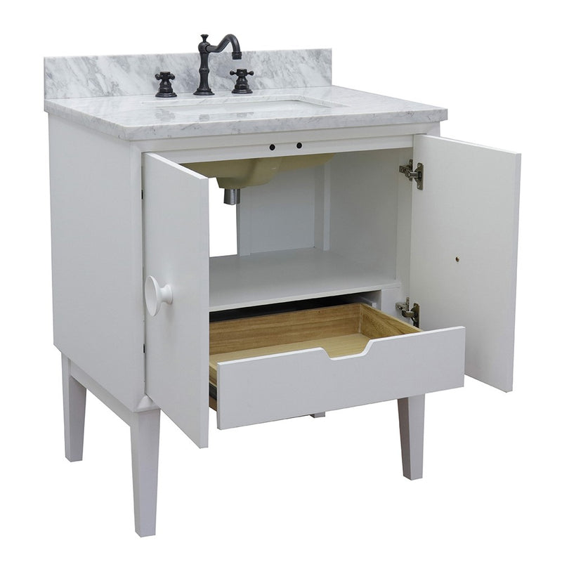 Bellaterra Home 400400-WH-WMR Stora 31" vanity, White, White Carrara marble top, angled view with doors open showing the