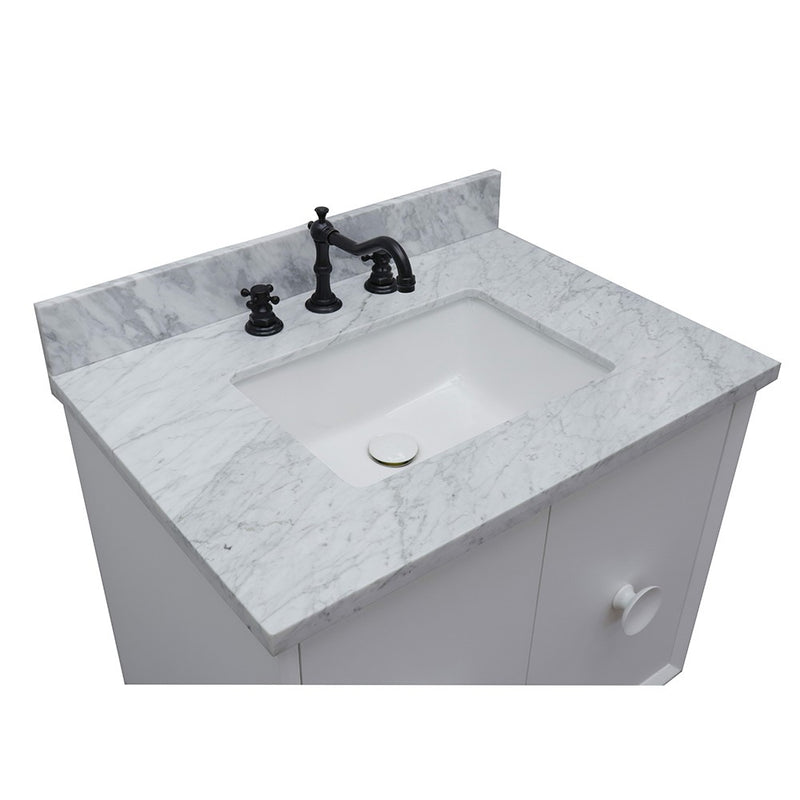 Bellaterra Home 400400-WH-WMR Stora 31" vanity, White, White Carrara marble top, countertop and sink close-up