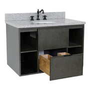 Bellaterra Home 400502-CAB-LY-GYO Paris Exposed 37" vanity, Linen Gray, gray granite top, angled view with doors open