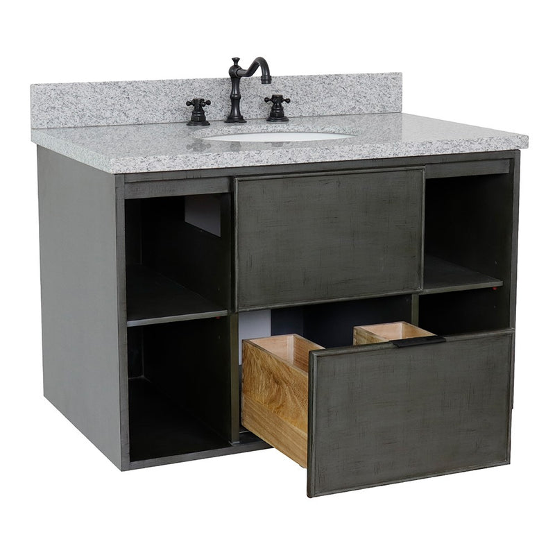 Bellaterra Home 400502-CAB-LY-GYO Paris Exposed 37" vanity, Linen Gray, gray granite top, angled view with doors open