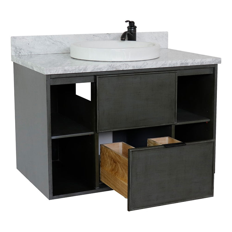 Bellaterra Home 400502-CAB-LY-WMRD Paris Exposed 37" vanity, Linen Gray, White Carrara marble top, angled view with doors