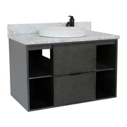 Bellaterra Home 400502-CAB-LY-WMRD Paris Exposed 37" vanity, Linen Gray, White Carrara marble top, angled view on a white