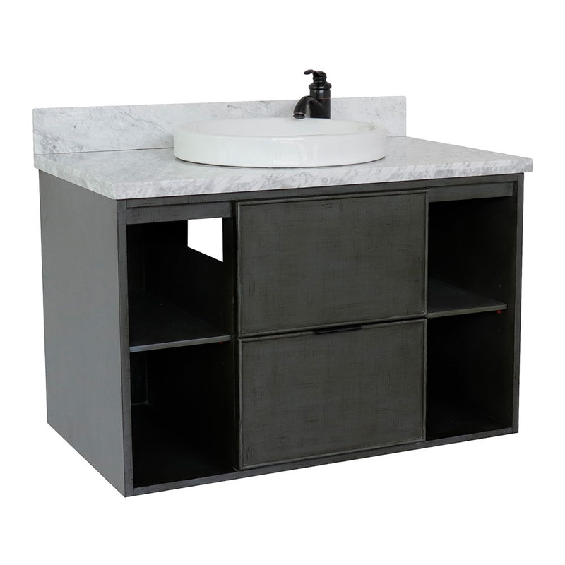 Bellaterra Home 400502-CAB-LY-WMRD Paris Exposed 37" vanity, Linen Gray, White Carrara marble top, angled view on a white