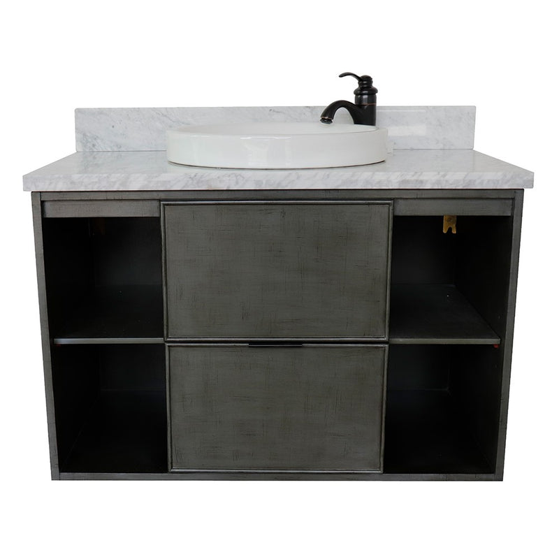 Bellaterra Home 400502-CAB-LY-WMRD Paris Exposed 37" vanity, Linen Gray, White Carrara marble top, front view on a white
