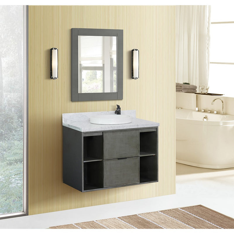 Bellaterra Home 400502-CAB-LY-WMRD Paris Exposed 37" vanity, Linen Gray, White Carrara marble top, installed in a bathroom