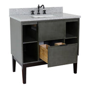 Bellaterra Home 400502-LY-GYR Paris Exposed 37" vanity, Linen Gray, gray granite top, angled view with doors open showing