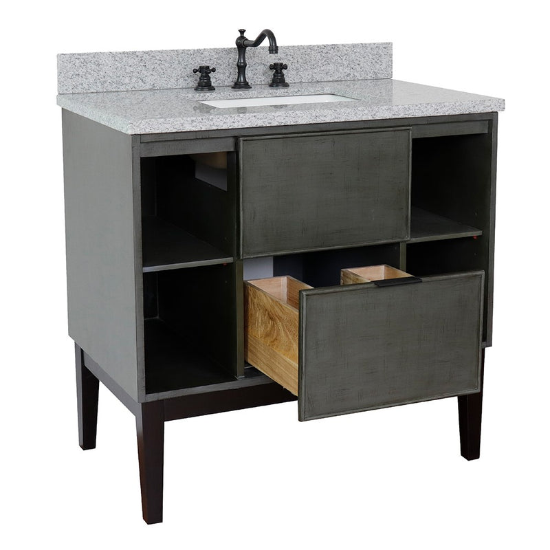 Bellaterra Home 400502-LY-GYR Paris Exposed 37" vanity, Linen Gray, gray granite top, angled view with doors open showing