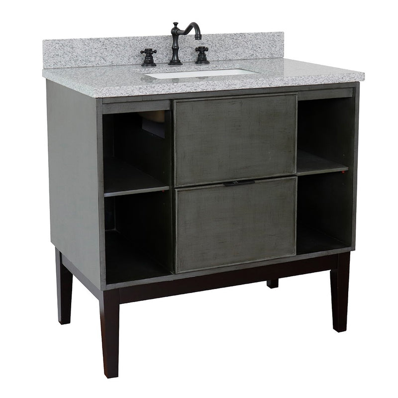 Bellaterra Home 400502-LY-GYR Paris Exposed 37" vanity, Linen Gray, gray granite top, angled view on a white background