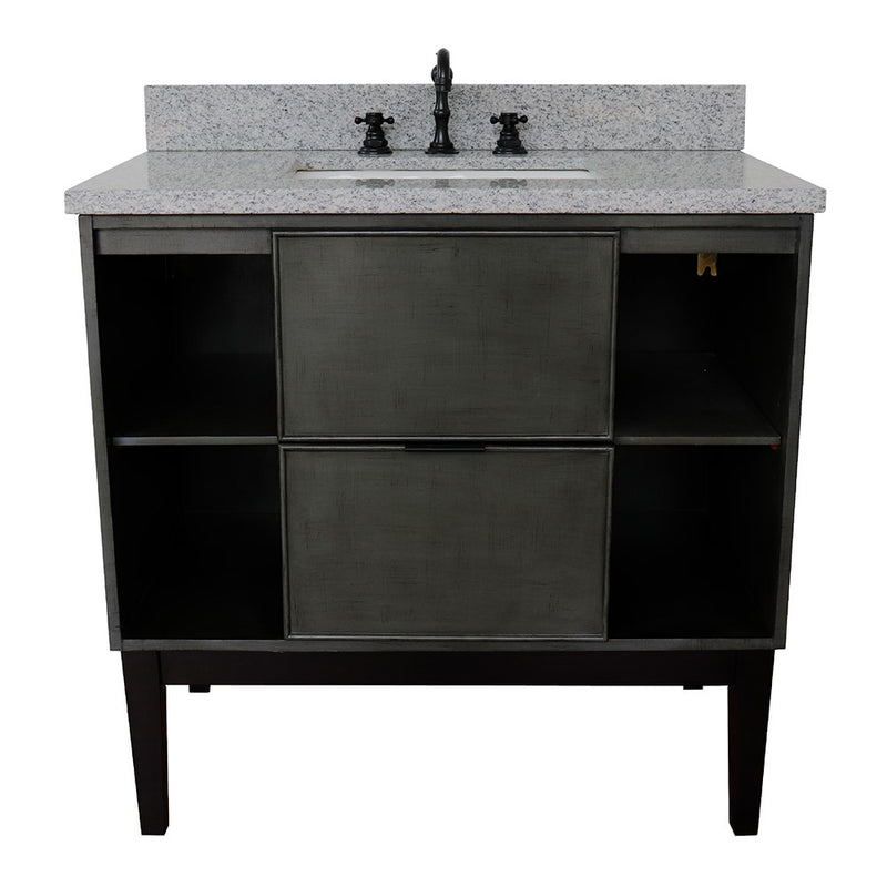 Bellaterra Home 400502-LY-GYR Paris Exposed 37" vanity, Linen Gray, gray granite top, front view on a white background