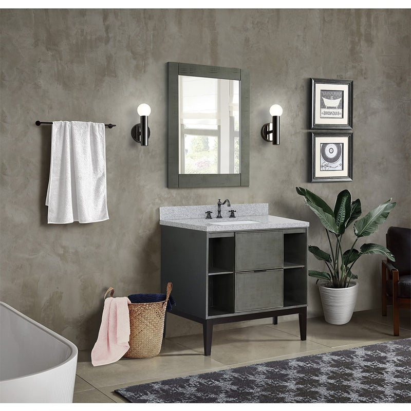 Bellaterra Home 400502-LY-GYR Paris Exposed 37" vanity, Linen Gray, gray granite top, installed in a bathroom