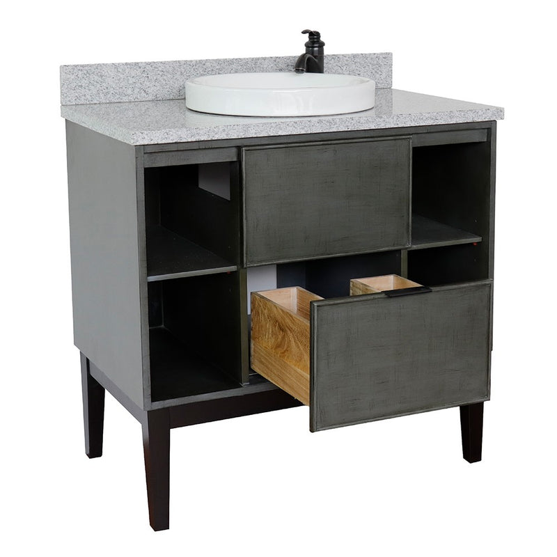Bellaterra Home 400502-LY-GYRD Paris Exposed 37" vanity, Linen Gray, gray granite top, angled view with doors open showing