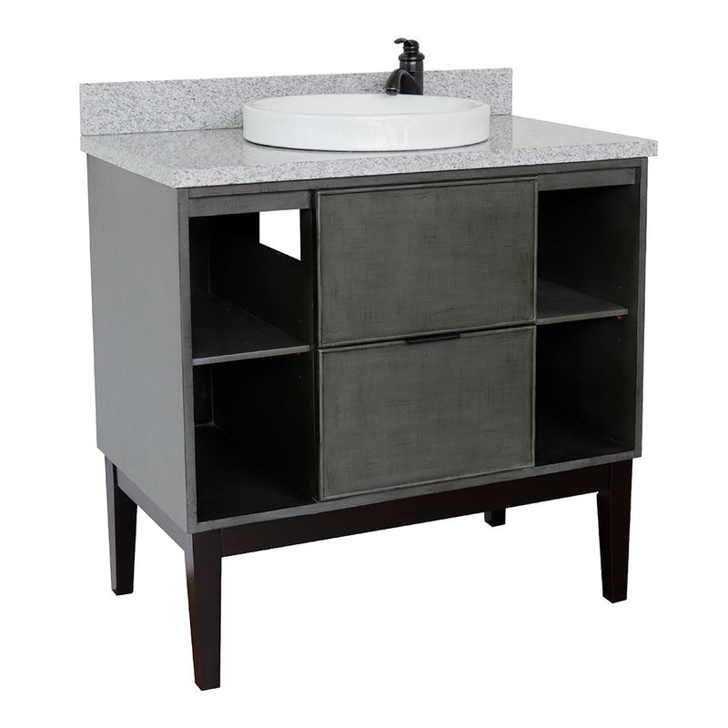 Bellaterra Home 400502-LY-GYRD Paris Exposed 37" vanity, Linen Gray, gray granite top, angled view on a white background