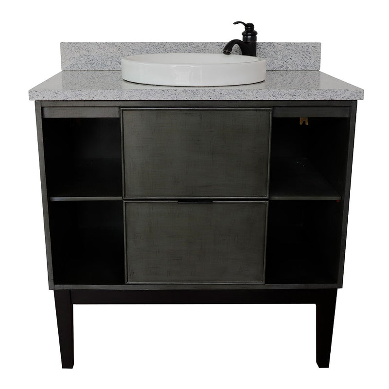Bellaterra Home 400502-LY-GYRD Paris Exposed 37" vanity, Linen Gray, gray granite top, front view on a white background