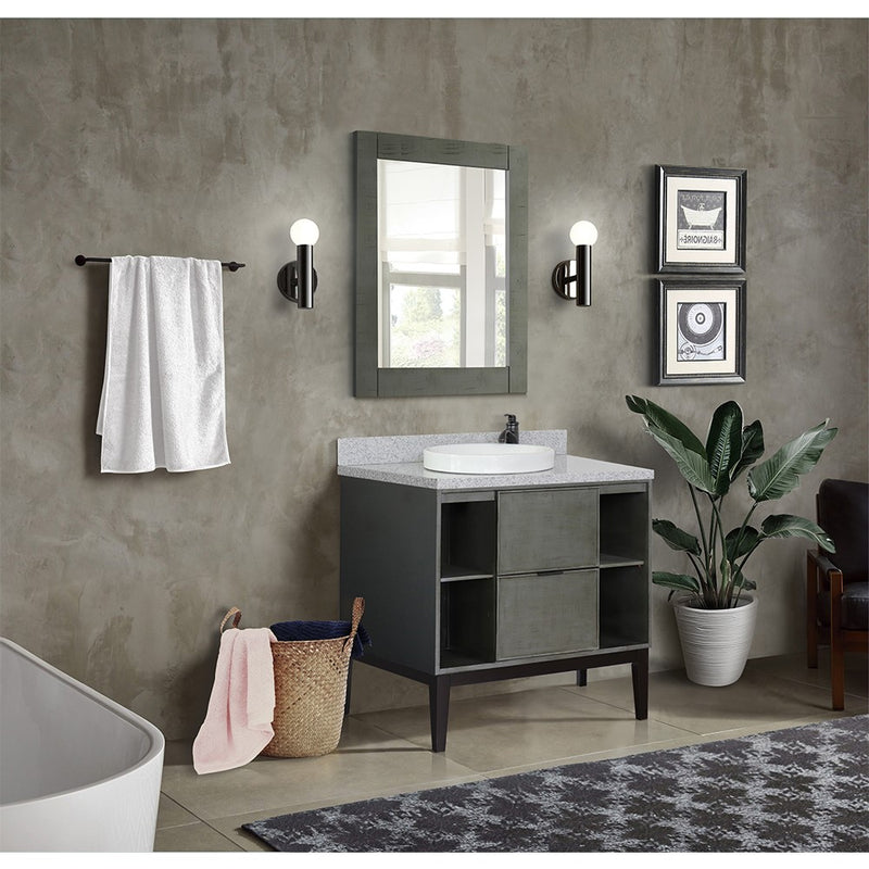 Bellaterra Home 400502-LY-GYRD Paris Exposed 37" vanity, Linen Gray, gray granite top, installed in a bathroom