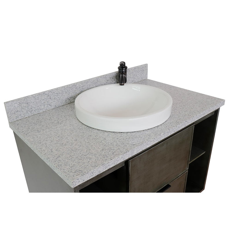 Bellaterra Home 400502-LY-GYRD Paris Exposed 37" vanity, Linen Gray, gray granite top, countertop and sink close-up