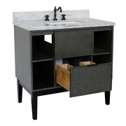 Bellaterra Home 400502-LY-WMR Paris Exposed 37" vanity, Linen Gray, White Carrara marble top, angled view with doors open