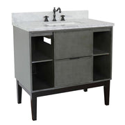 Bellaterra Home 400502-LY-WMR Paris Exposed 37" vanity, Linen Gray, White Carrara marble top, angled view on a white