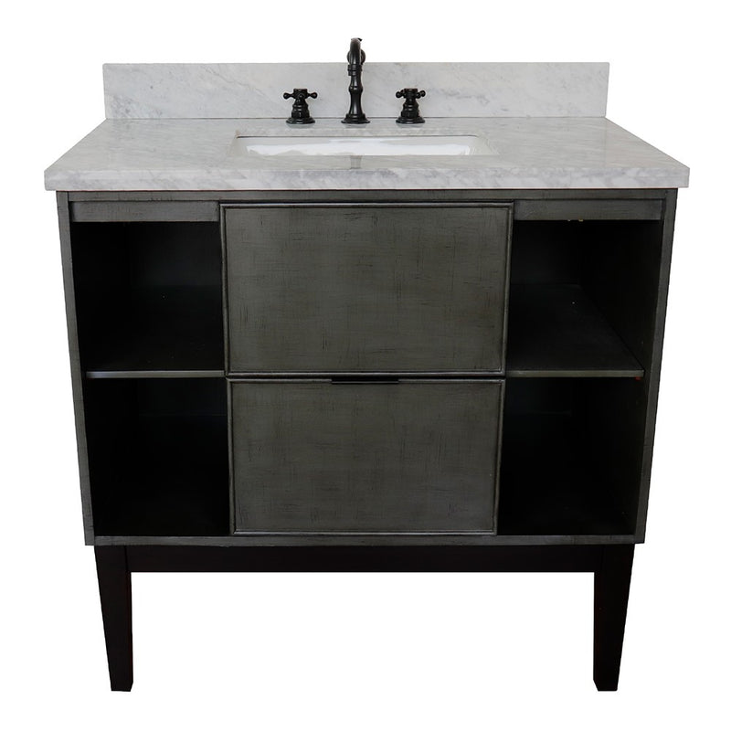 Bellaterra Home 400502-LY-WMR Paris Exposed 37" vanity, Linen Gray, White Carrara marble top, front view on a white