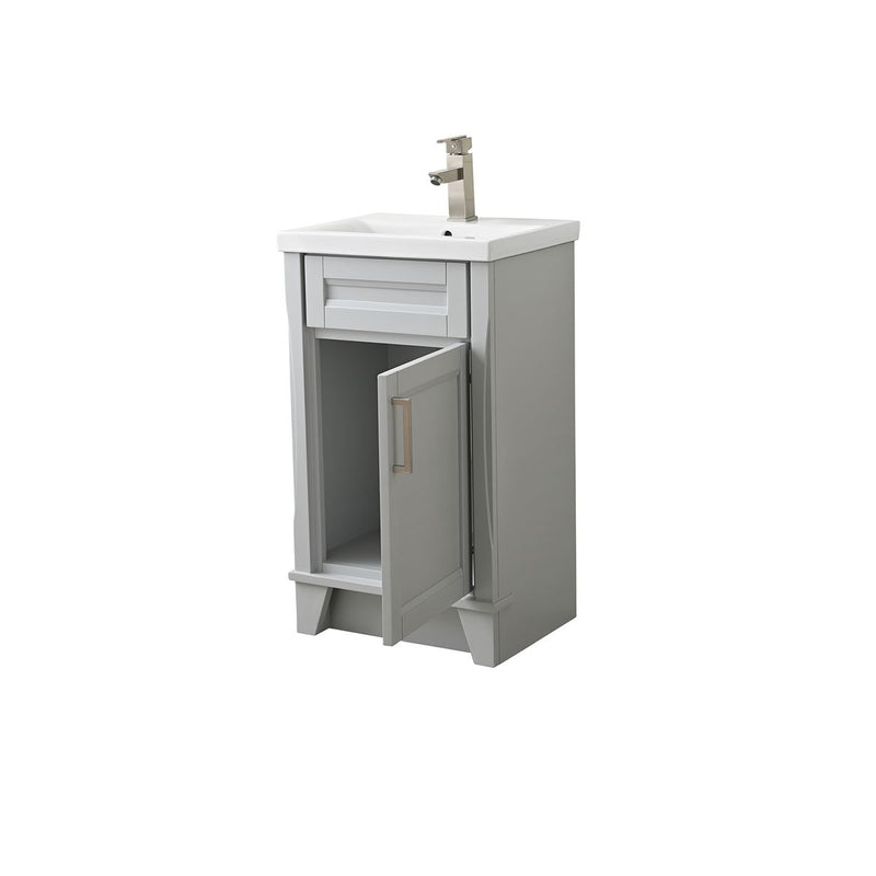 Bellaterra Home 400700-20-LG-CE Terni 20" vanity, Light Gray, ceramic top, angled view with doors open showing the shelf