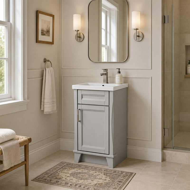 Bellaterra Home 400700-20-LG-CE Terni 20" vanity, Light Gray, ceramic top, wide room view in a bathroom