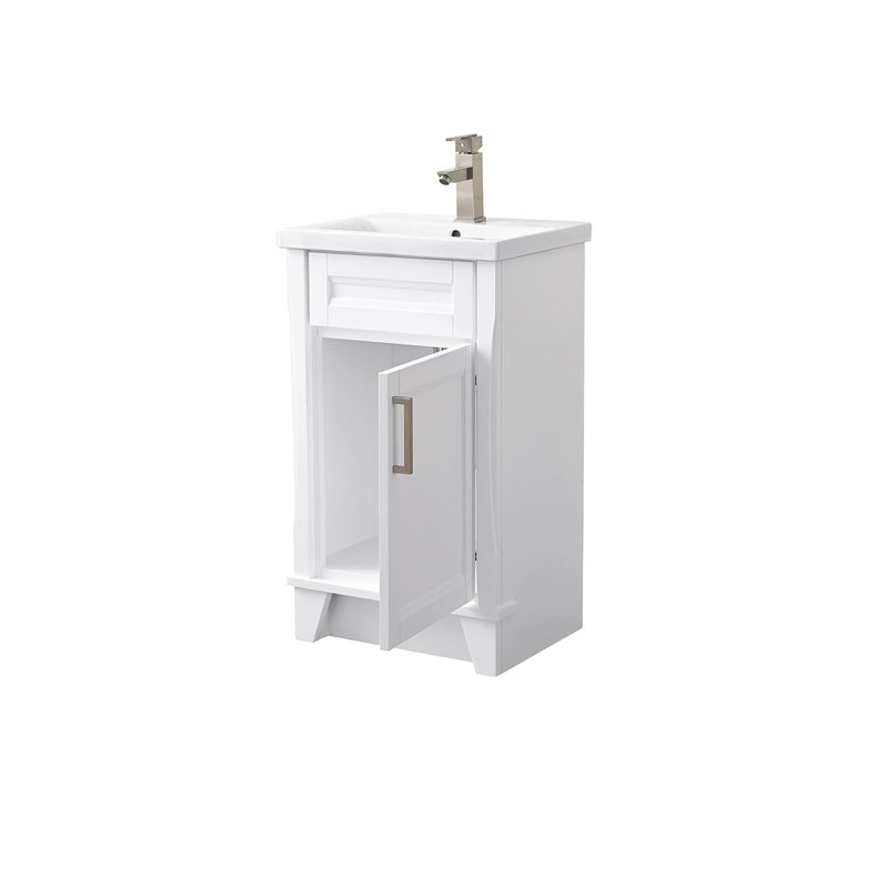 Bellaterra Home 400700-20-WH-CE Terni 20" vanity, White, ceramic top, angled view with doors open showing the shelf