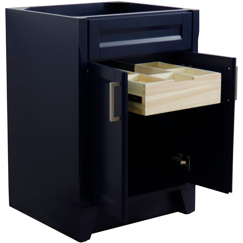 Bellaterra Home 400700-24-BU Terni 24" vanity cabinet, Blue, angled view with doors open showing the shelf