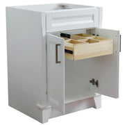 Bellaterra Home 400700-24-WH Terni 24" vanity cabinet, White, angled view with doors open showing the shelf