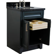 Bellaterra Home 400700-25-DG-BGO Terni 25" vanity, Dark Gray, Black Galaxy granite top, angled view with the drawer open