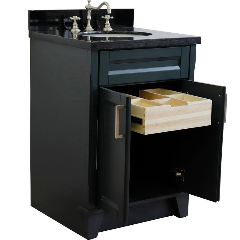Bellaterra Home 400700-25-DG-BGO Terni 25" vanity, Dark Gray, Black Galaxy granite top, angled view with the drawer open