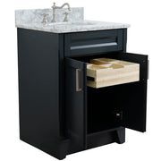 Bellaterra Home 400700-25-DG-WMO Terni 25" vanity, Dark Gray, White Carrara marble top, angled view with the drawer open