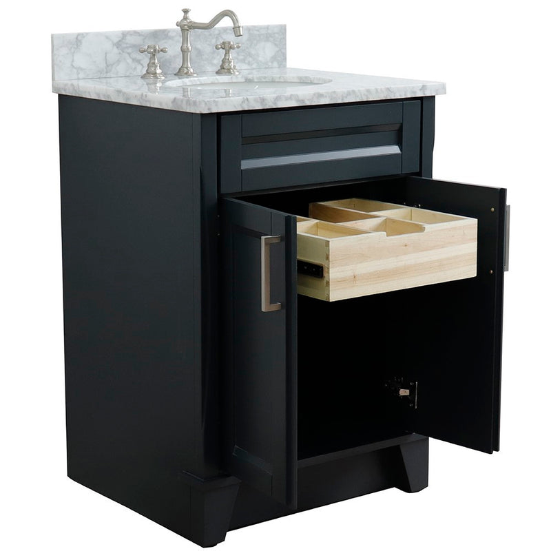 Bellaterra Home 400700-25-DG-WMO Terni 25" vanity, Dark Gray, White Carrara marble top, angled view with the drawer open
