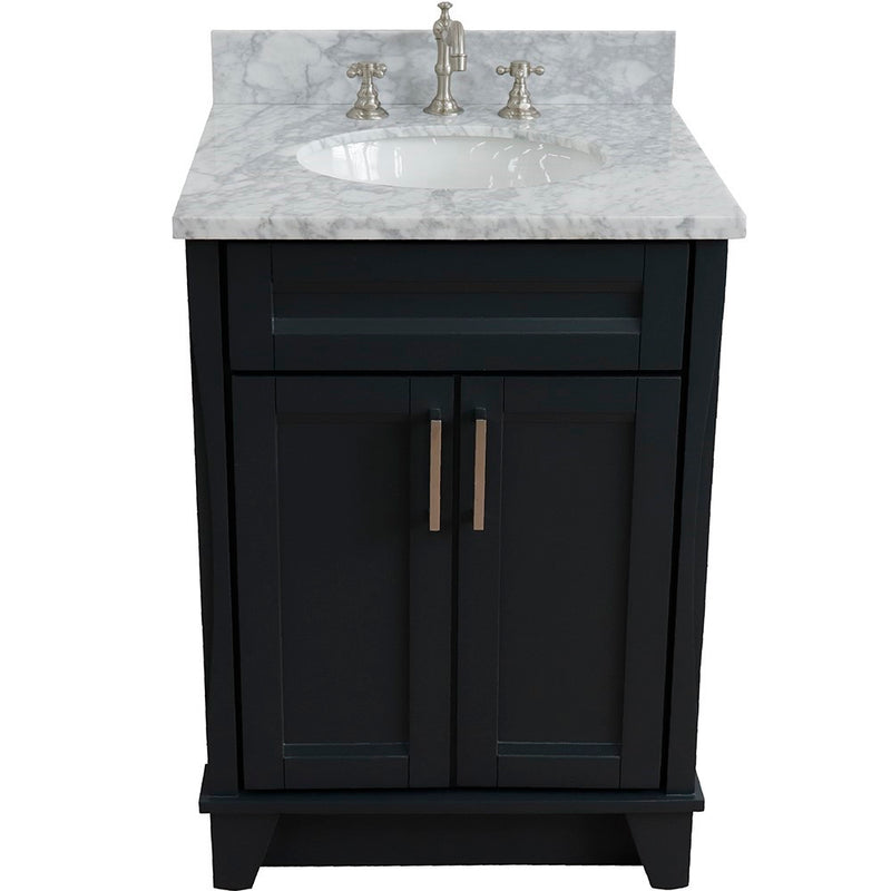 Bellaterra Home 400700-25-DG-WMO Terni 25" vanity, Dark Gray, White Carrara marble top, countertop and sink close-up