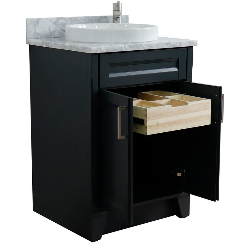 Bellaterra Home 400700-25-DG-WMRD Terni 25" vanity, Dark Gray, White Carrara marble top, angled view with the drawer open