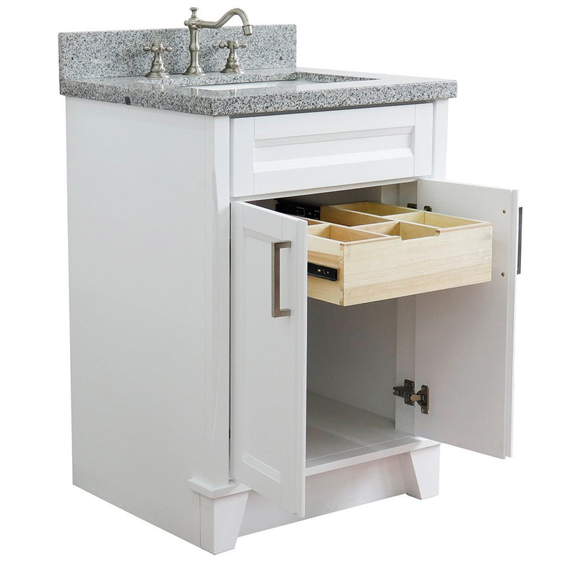 Bellaterra Home 400700-25-WH-GYR Terni 25" vanity, White, gray granite top, angled view with the drawer open