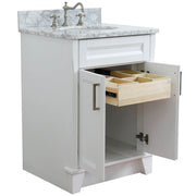 Bellaterra Home 400700-25-WH-WMO Terni 25" vanity, White, White Carrara marble top, angled view with the drawer open