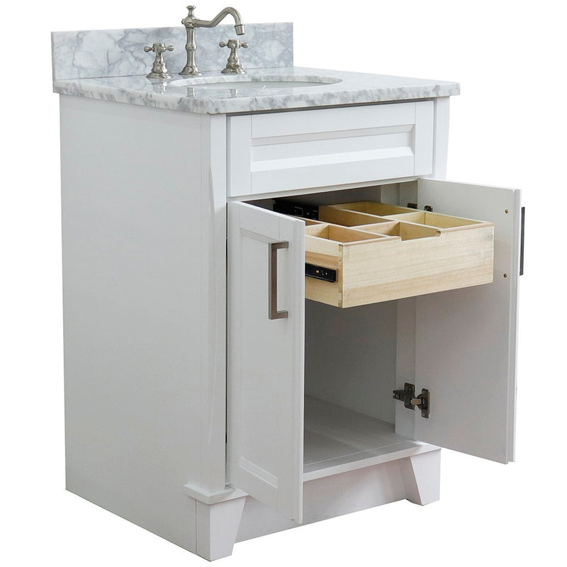 Bellaterra Home 400700-25-WH-WMO Terni 25" vanity, White, White Carrara marble top, angled view with the drawer open