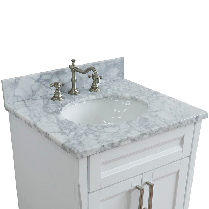 Bellaterra Home 400700-25-WH-WMO Terni 25" vanity, White, White Carrara marble top, countertop and sink close-up