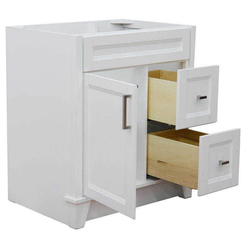 Bellaterra Home 400700-30-WH Terni 30" vanity cabinet, White, angled view with doors open showing the shelf