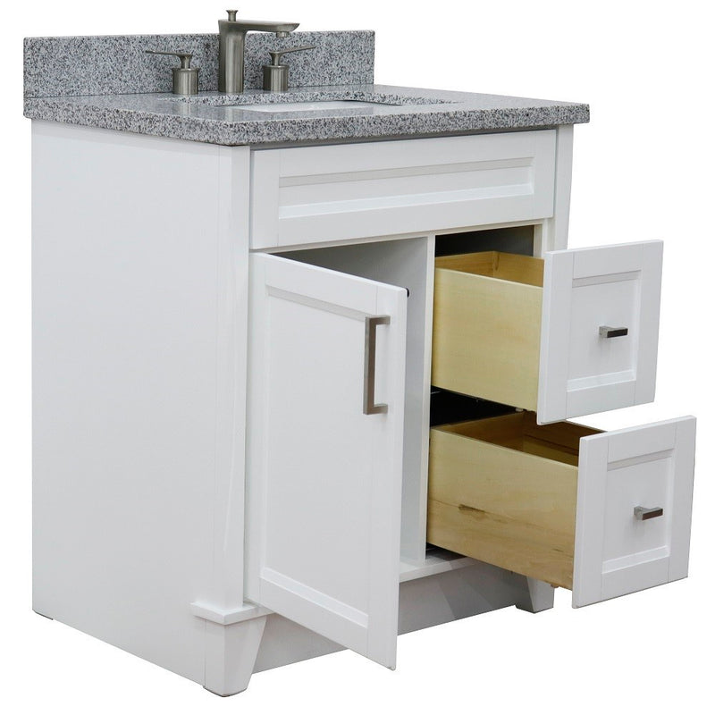 Bellaterra Home 400700-31-WH-GYR Terni 31" vanity, White, gray granite top, angled view with the drawer open