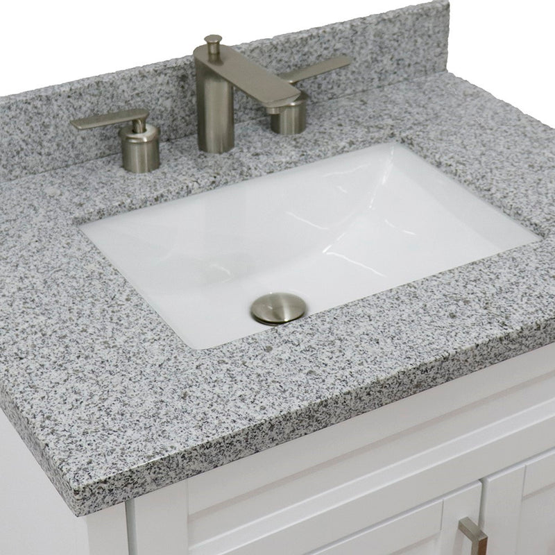 Bellaterra Home 400700-31-WH-GYR Terni 31" vanity, White, gray granite top, countertop and sink close-up