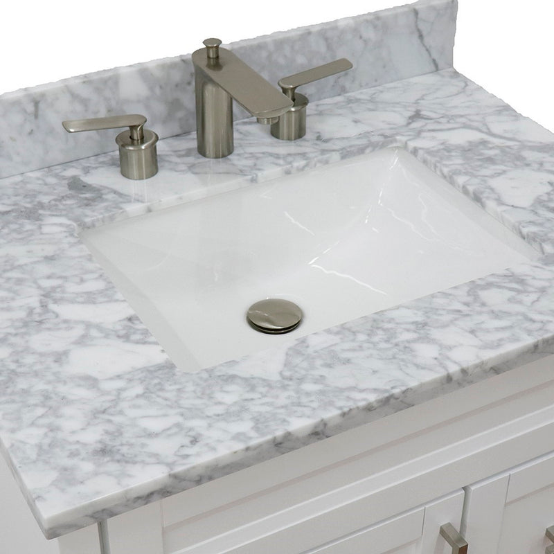 Bellaterra Home 400700-31-WH-WMR Terni 31" vanity, White, White Carrara marble top, countertop and sink close-up