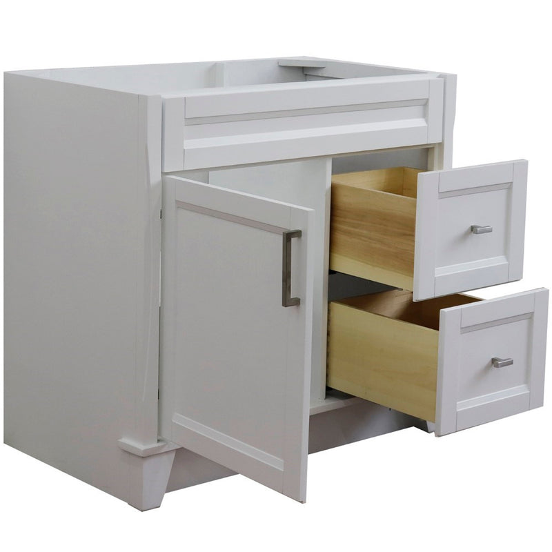 Bellaterra Home 400700-36L-WH Terni 36" vanity cabinet, White, angled view with doors open showing the shelf