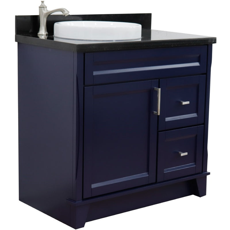 Bellaterra Home 400700-37L-BU-BGRDL Terni 37" vanity, Blue, Black Galaxy granite top, angled view on a white background