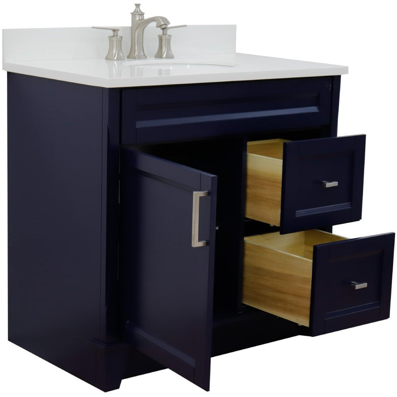 Bellaterra Home 400700-37L-BU-WEOC Terni 37" vanity, Blue, white engineered stone top, angled view with the drawer open