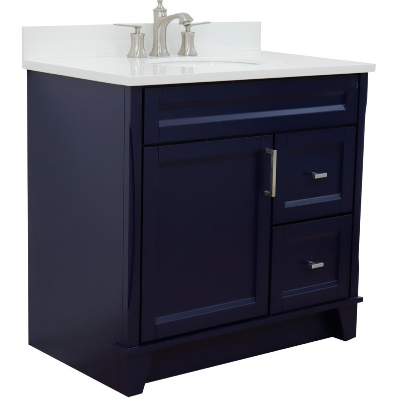 Bellaterra Home 400700-37L-BU-WEOC Terni 37" vanity, Blue, white engineered stone top, angled view on a white background