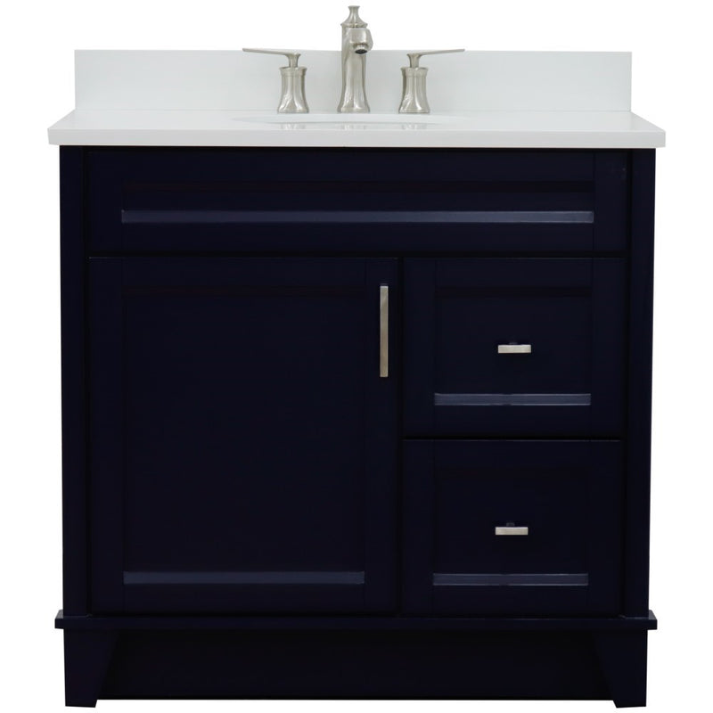 Bellaterra Home 400700-37L-BU-WEOC Terni 37" vanity, Blue, white engineered stone top, front view on a white background